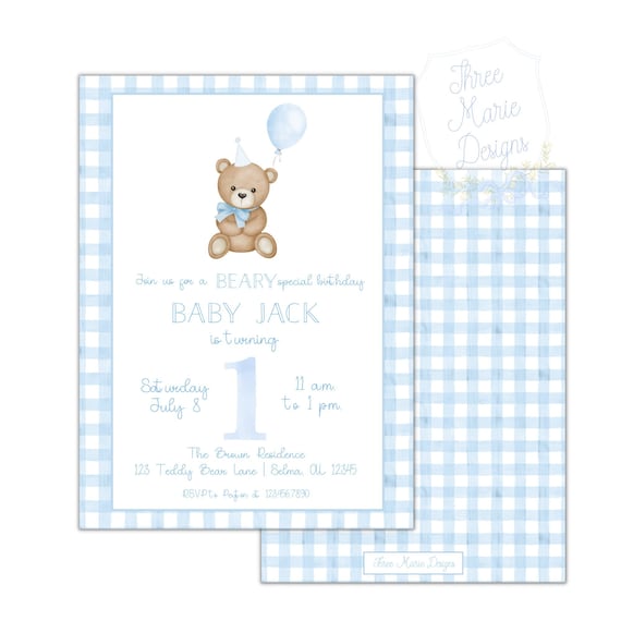 Teddy Bear Birthday Invitation | Beary First Birthday invite | Baby Blue Teddy Bear Invite | Beary Special Birthday | Self-Editable