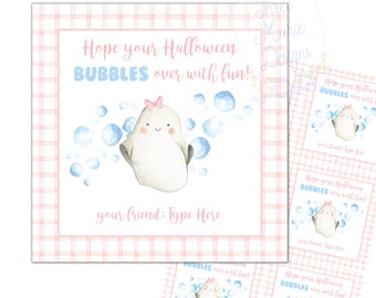 Bubbles Halloween Tag | Selbst-Bearbeitbar | Sofortiger Download Halloween-Tag | Rosa Halloween Mitbringsel | Pink Ghost Bubbles Anhänger | HalloweenGeschenk