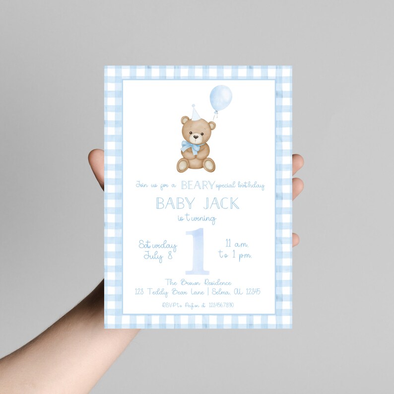 Invitación de cumpleaños de osito de peluche / Invitación para el primer cumpleaños de osito de peluche / Invitación de osito de peluche azul bebé / Cumpleaños especial de osito de peluche / Autoeditable imagen 3