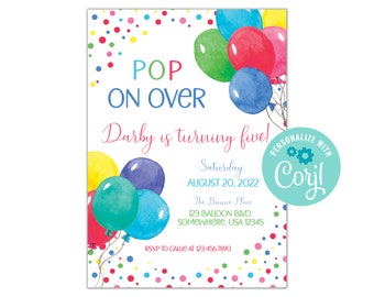 Classic Balloon Birthday Invite | Self-Editable | Colorful Invite | Pop on Over | Balloon Theme Party | Bounce House Birthday | Simple Theme