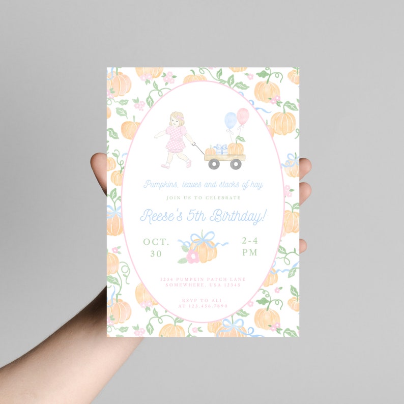 Invitación de cumpleaños con tema de calabaza / Invitación de cumpleaños con tema de calabaza vintage / Invitación de cumpleaños con tema de calabaza pastel / Fiesta temática de calabaza / Invitación con tema de calabaza rosa imagen 3