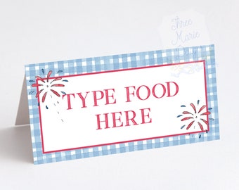 May include: Blue and white gingham food label with red fireworks on each side. The text reads "TYPE FOOD HERE".