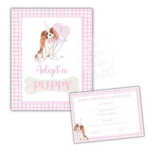 Cavalier King Charles Puppy Party Adoption Station | Adopt a Puppy Signage, Pink Puppy Adoption Certificate Printable Files Digital Download