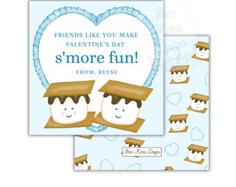 May include: Valentine's Day card featuring a light blue heart-shaped frame with the text "FRIENDS LIKE YOU MAKE VALENTINE'S DAY s'more fun!" and "FROM, REESE." Two smiling s'mores are at the bottom. A smaller card with a repeating s'more pattern is also visible.