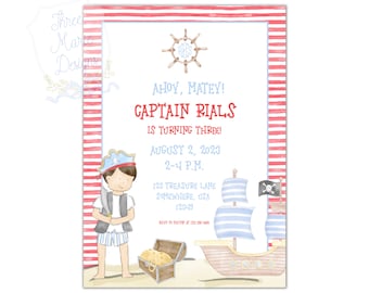 Puede incluir: Ahoy Matey! ¡El capitán Rials cumple tres años! Invitación a una fiesta de cumpleaños con fondo a rayas rojas y blancas, un pirata de dibujos animados con una espada, un cofre del tesoro y un barco pirata con una vela a rayas azules y blancas.
