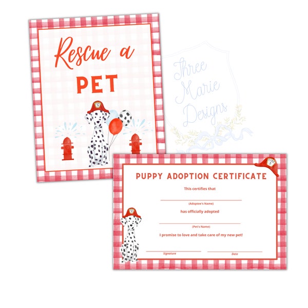 Adopt a Puppy Firetruck Birthday Signage | Rescue a Pet Printable Party Signs | Dalmatian Adoption Station | Firetruck Party Theme