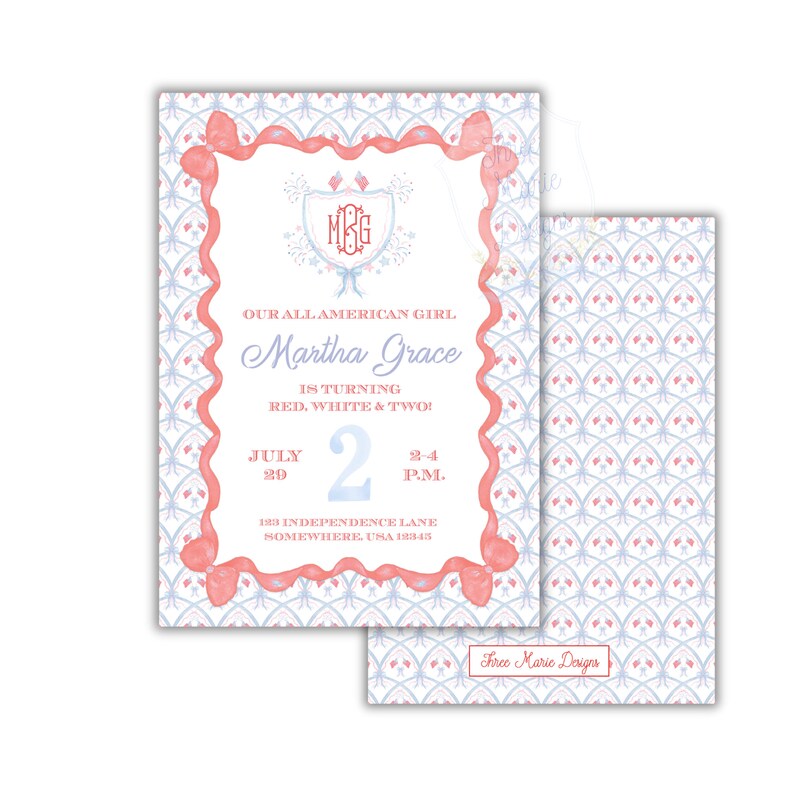 Girly Patriotic Birthday Invitation | All American Girl | Red White & Two Invite | Grandmillenial Invite | Self-Edit | Red White and Blue image 3
