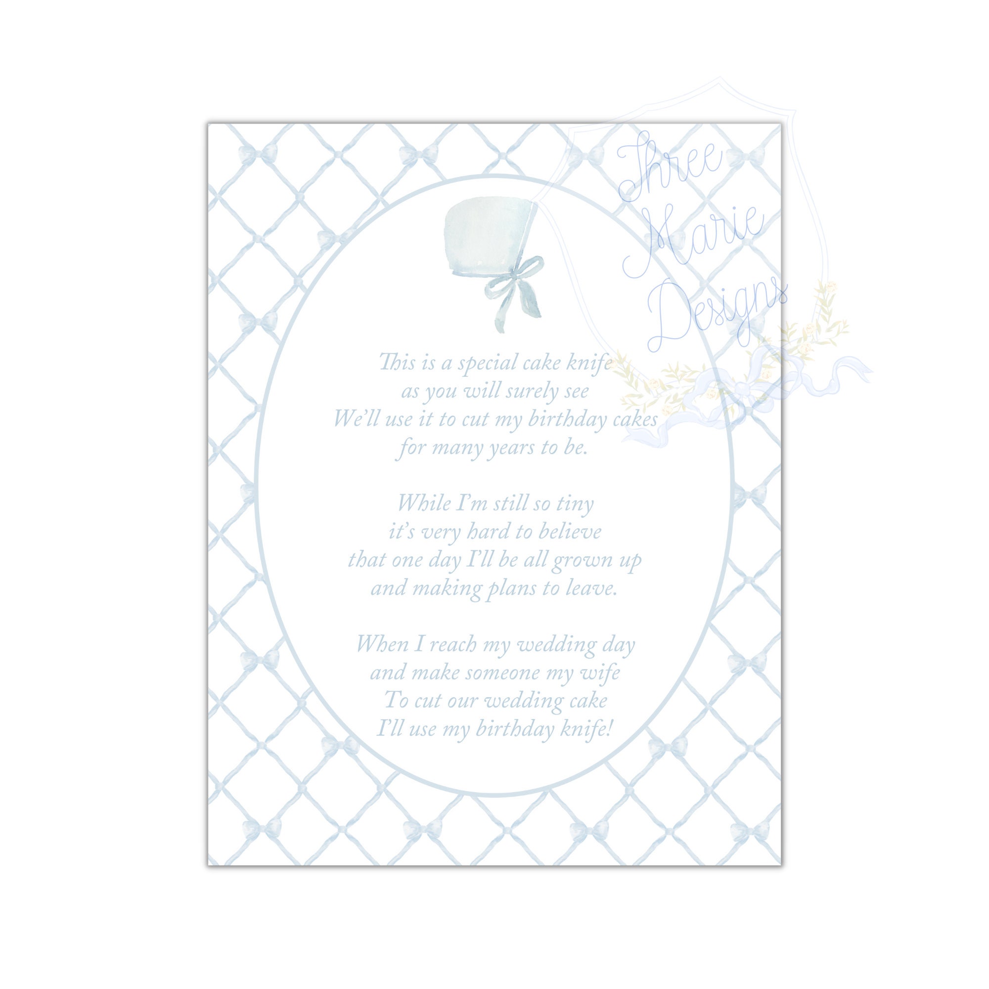 Birthday Cake Knife Poem Instant Download | Boys Cake Knife Poem | Printable Cake Knife Poem | Blue Bow Trellis | Baby Birthday Traditions