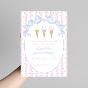 Pink Pastel Ice Cream Birthday Invitation, Self-Edit, Pink Ice Cream Invite, We all scream FOUR ice cream, Double Scoop invite, Pink Stripes image 5