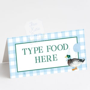 Tente de repas d'anniversaire de canard colvert | Auto-modifiable | Signalétique alimentaire One Lucky Duck | Fête d'anniversaire de canard colvert | Marque-places canard aquarelle Nourriture
