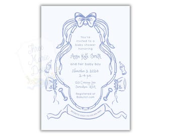 Blue Baby Shower Crest Invite | Grandmillenial Crest Baby Showers Invitation | Classic Whimsy Invite Custom Crest Invitation Blue and White