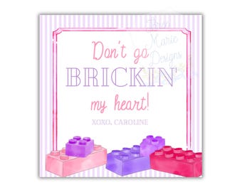 Pink Toy Bricks Valentine Tag | I Built to be friends Valentine |  Boys Valentine Card | 3x3 | Self-Editable | Don't BRICK my heart Tag