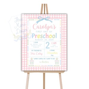 First Day of School Printable Poster Sign  | Pastel Pink Back to School Milestone Board | Editable School Sign | Girly Preschool Sign
