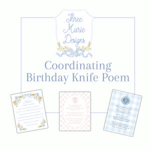 May include: A design featuring the text "Three Marie Designs" and "Coordinating Birthday Knife Poem." The image includes three cards with poems, one with floral accents, one with a monogram, and one with a blue gingham pattern.