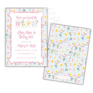 May include: A light blue invitation with a pink border and a Mahjong tile pattern. The invitation text reads "Have you heard the NEWS? Mary Anne is turning 30!" and includes event details.