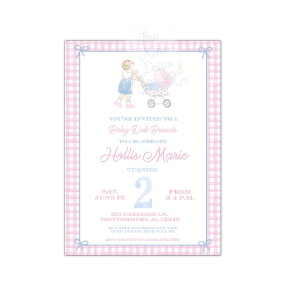 Pink Baby Doll Birthday Invitation | Baby Doll Brunch Invite | Baby Girl Birthday Pink Gingham Invitation | Self-Editable | Baby Doll party