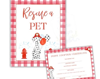 Adopteer een puppy brandweerwagen verjaardagsborden | Red een huisdier Afdrukbare feestborden | Adoptiestation Dalmatiërs | Thema feest brandweerwagen