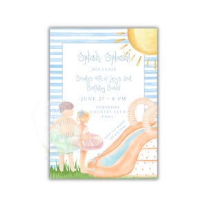 Può includere: Invito ad acquerello con bordo a righe blu e bianche, con un'illustrazione del sole e una scena di piscina con bambini e uno scivolo. Il testo recita "Splish, Splash!" e i dettagli di una festa di compleanno.