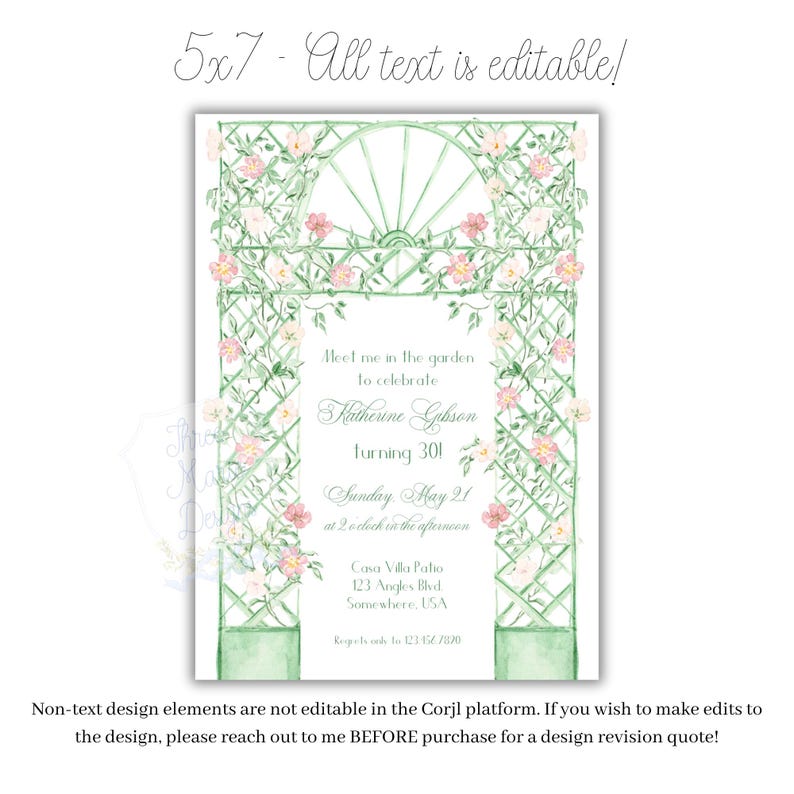 May include: A 5x7 inch printable invitation with a green and white trellis design with pink flowers. The text reads "Meet me in the garden to celebrate Katherine Gibson turning 301. Sunday May 21 at 2 o'clock in the afternoon. Casa Villa Palio 123 Angles Blvd. Somewhere, USA. RSVP to 1234567890".