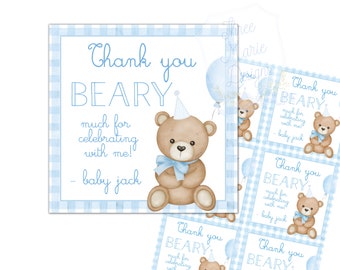 May include: Blue and white checkered thank you cards with a cartoon teddy bear wearing a party hat and holding a blue balloon. The text on the card reads "Thank you Beary much for celebrating with me! - baby jack".