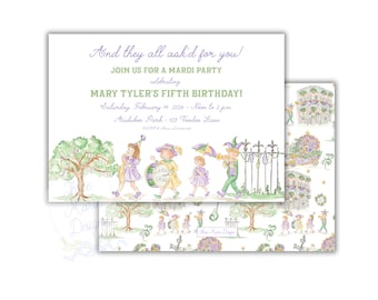 May include: A set of Mardi Gras party invitations. The main invitation features watercolor illustrations of costumed figures and trees. Text reads "And they all ask'd for you!" and announces Mary Tyler's Fifth Birthday.