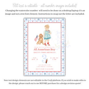 Pode incluir: Um convite de anivers&aacute;rio vermelho, branco e azul com uma ilustra&ccedil;&atilde;o de aquarela de um menino e um cachorro. O convite diz "All American Boy" e "Rhett's Third Birthday!" com a data, hora e local da festa.