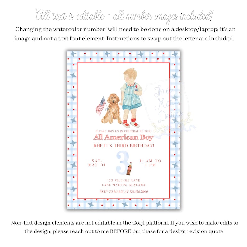 Pode incluir: Um convite de anivers&aacute;rio vermelho, branco e azul com uma ilustra&ccedil;&atilde;o de aquarela de um menino e um cachorro. O convite diz "All American Boy" e "Rhett's Third Birthday!" com a data, hora e local da festa.