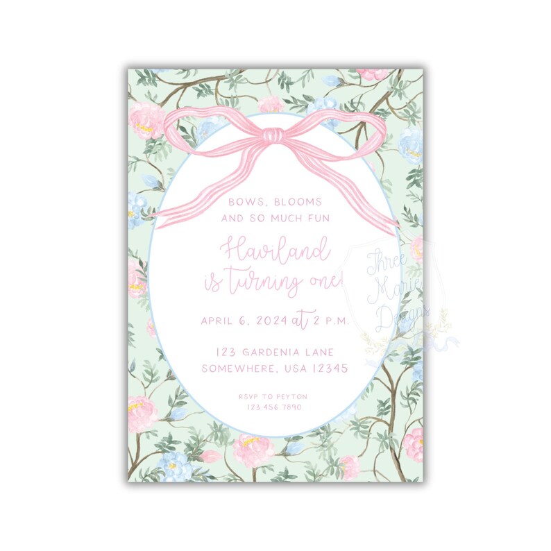Bloemenuitnodiging chinoiserie | Bogen en bloemen | Uitnodiging met bloemenpatroon | Bloemenuitnodiging Grandmillennial | Gebloemde babyshoweruitnodiging | Bloemen afbeelding 5