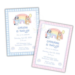 May include: Two blue and orange cartoon dog characters with a rainbow behind them. The text "CARSON IS TWO-EY!" is at the top of the invitation. The text "Join us to celebrate Saturday, April 22, 2024 2-4 p.m. 123 Wackadoo Lane Somewhere, USA 12345 RSVP to Marie at 123.456.7890" is below the characters. The invitation has a blue and white checkered background.