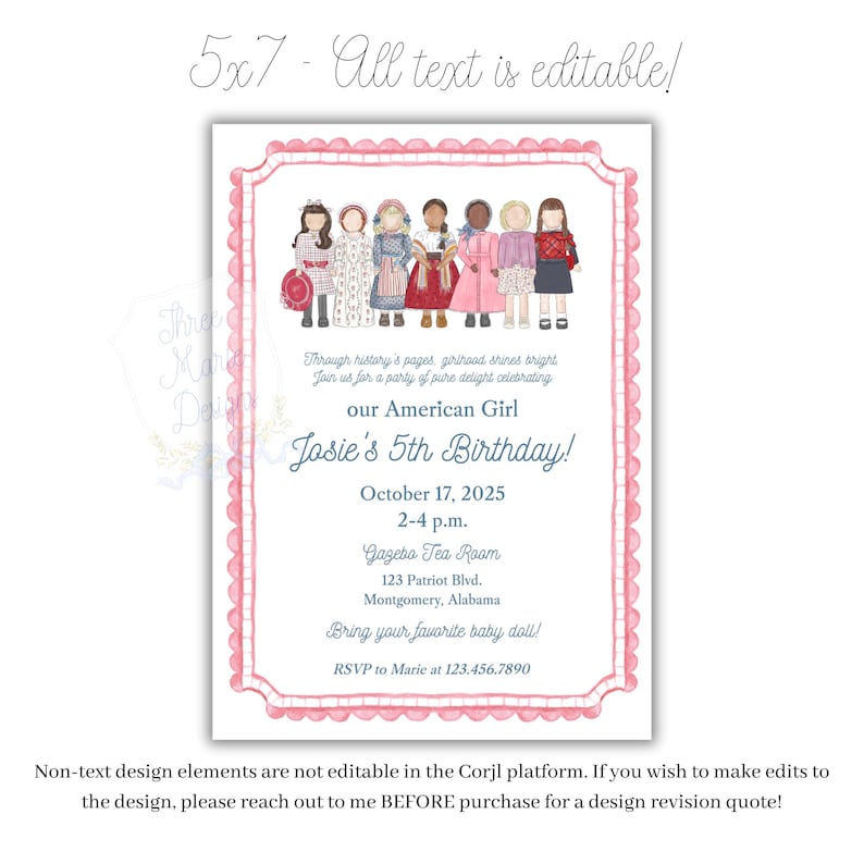 May include: A pink and white invitation card with a scalloped border. The card features illustrations of girls in historical dresses and the text "our American Girl Josie's 5th Birthday!" The event details are also included.