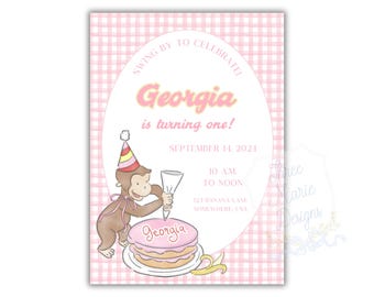 Pastel Pink Curious Monkey Invite | Editable Monkey Invite | Book Theme Birthday Invite | Curious Monkey Birthday Party | Cute Monkey Invite
