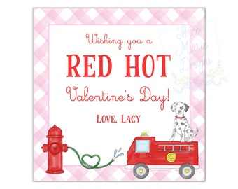 Pink Firetruck Valentine Tag | Fireman Valentine Card | Hot Valentine Card | 3x3 | Self-Editable | Fired Up Valentines Day | Class Valentine