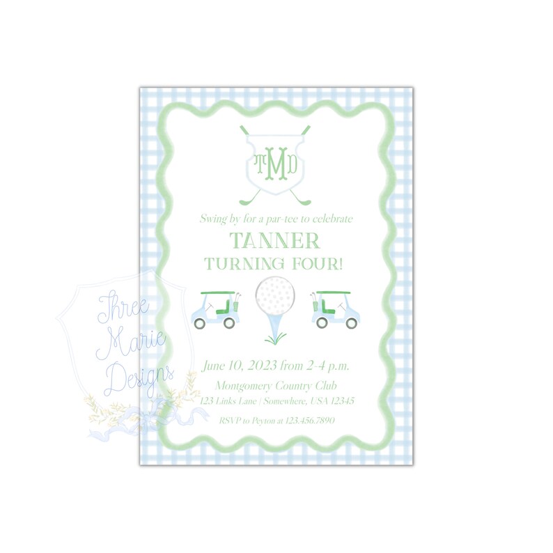 Preppy golfverjaardagsuitnodiging | Zelfbewerkbaar | T-shirt-uitnodiging | FORE-uitnodiging | Aquarel golfuitnodiging | Uitnodiging golfverjaardagsfeestje afbeelding 3