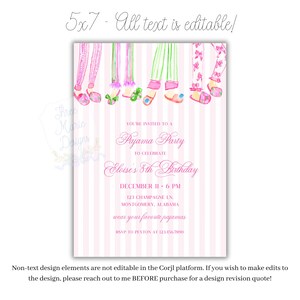 May include: A pink and white striped invitation for a pajama party. The invitation features watercolor illustrations of pajama pants and slippers at the top. The text reads "You're invited to a Pajama Party to celebrate Eloise's 8th Birthday."