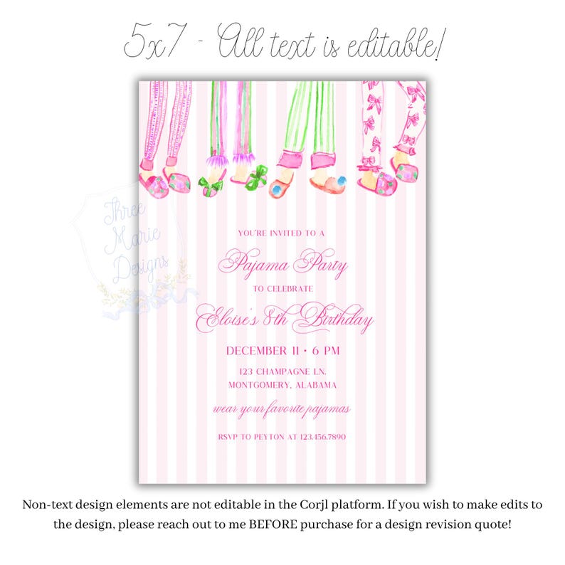 May include: A pink and white striped invitation for a pajama party. The invitation features watercolor illustrations of pajama pants and slippers at the top. The text reads "You're invited to a Pajama Party to celebrate Eloise's 8th Birthday."