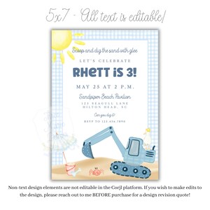 Puede incluir: Una tarjeta de invitaci&oacute;n azul claro y blanca con el texto "RHETT IS 3!" y "May 25 at 2 P.M." Tambi&eacute;n se presenta una ilustraci&oacute;n en acuarela de un sol, una excavadora de arena y un cangrejo. La tarjeta mide 12,7 x 17,8 cm.