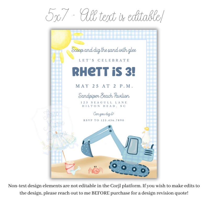 Puede incluir: Una tarjeta de invitaci&oacute;n azul claro y blanca con el texto "RHETT IS 3!" y "May 25 at 2 P.M." Tambi&eacute;n se presenta una ilustraci&oacute;n en acuarela de un sol, una excavadora de arena y un cangrejo. La tarjeta mide 12,7 x 17,8 cm.