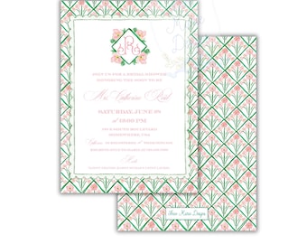 Rosa und Grün Block Blumenmonogramm Brautjungfer Mittagessen einladen | Rosa Blumen Einladen | Grandmillenial Blumen Braut oder Babyparty einladen