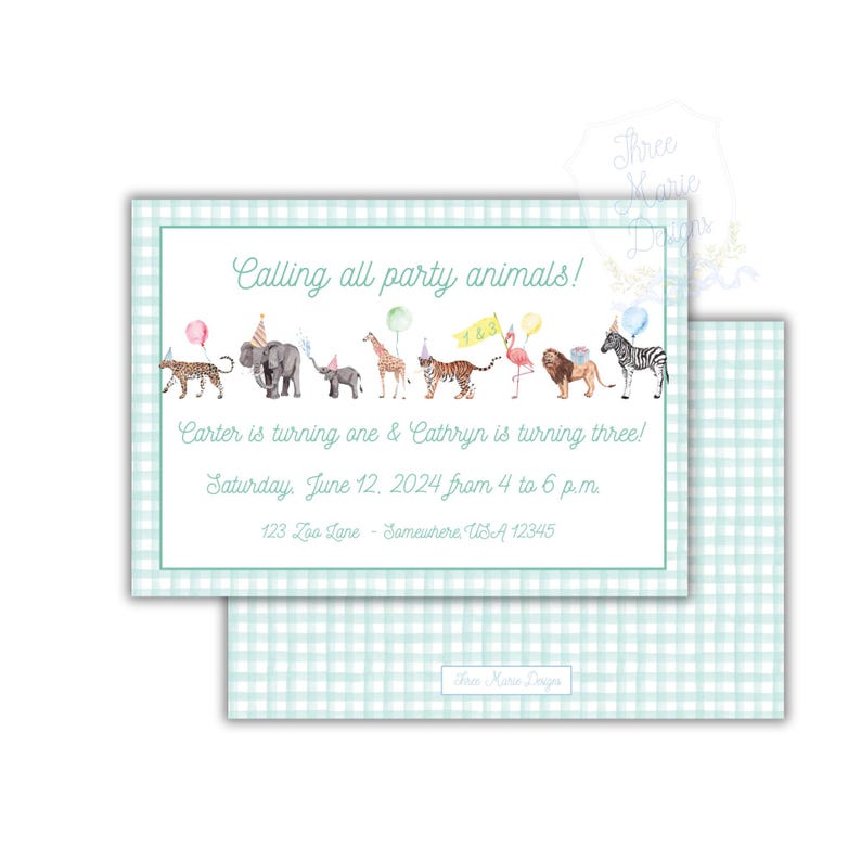 Party Animals Invitation | TWO Wild Invite | Wild ONE Invite | Pink Party Animals Invite | Blue Party Animals | Zoo Theme Invite image 3