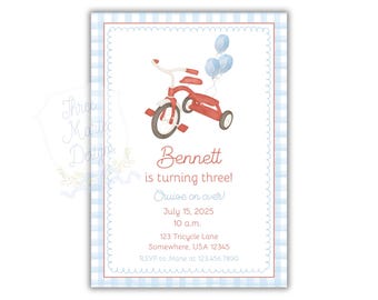 Red Tricycle Birthday Party Invite | Editable Kids Bike | Classic Vintage Tricycle Invite|  Bicycle Invitation | Roll on Over, Ride on Over
