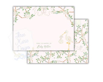 Chinoiserie Pink Baby Girl Nursery Stationery | Editable 7x5 & 6.5x 4 inches Note Card Digital Download | Baby Girls Thank You Notes