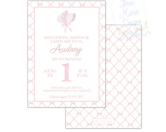 Mützen und Bögen Einladen | Mützen und Schleifen Geburtstag | Rosa Schleifen-Einladung | Selbst-Bearbeitbar | Bogengitter Einladen | Klassisches Mädchen Erster Geburtstag