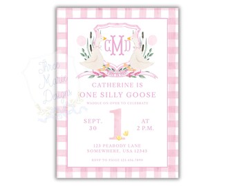 Watercolor Silly Goose Duck Invite | Editable One Silly Goose Blue Invitation | Pink Duck Birthday Invite | Editable Invite | Silly Goose