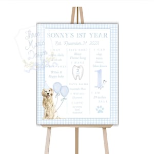 Placa de marco de aniversário de Golden Retriever azul | Placa de marco de Golden Retriever doce Decoração de festa de aniversário de filhote Placa de marco editável