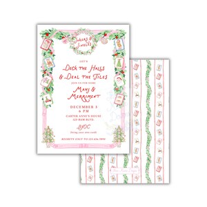 May include: A rectangular invitation card featuring a green garland border with pink ribbons and small mahjong tile illustrations. The text reads: Jokers & Jingles, Let's Deck the Halls & Deal the Tiles, Mahj & Merriment, December 5, 6 PM, Carter Anne's House, 123 Bam Blvd, BYOC, and Regrets Only to 123.456.7890. A matching patterned card is shown alongside.