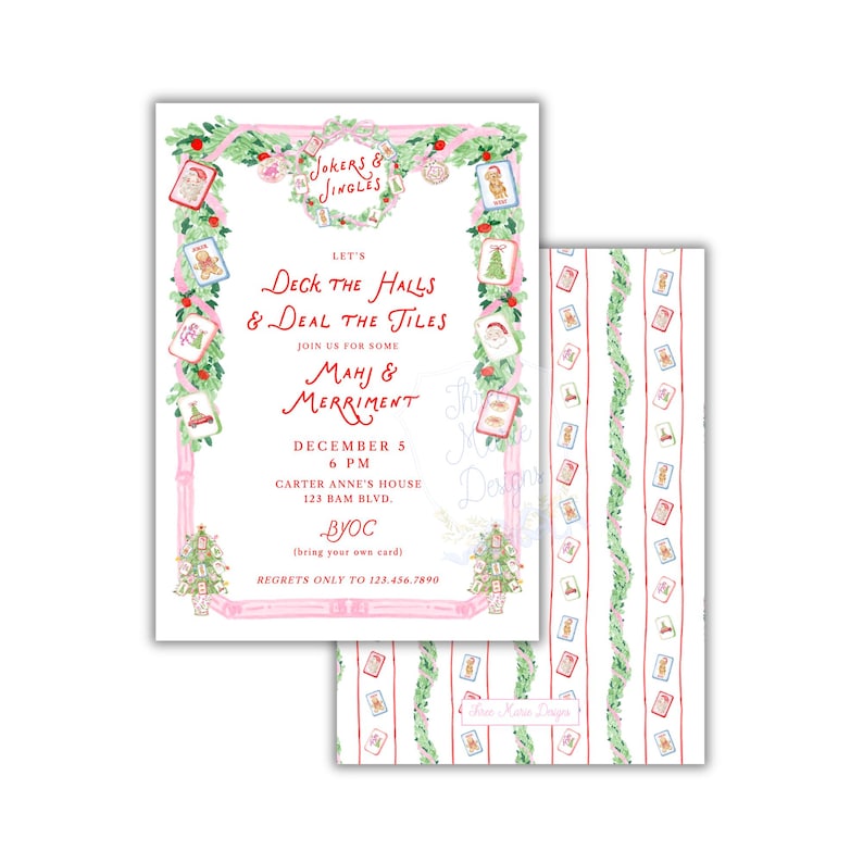 May include: A rectangular invitation card featuring a green garland border with pink ribbons and small mahjong tile illustrations. The text reads: Jokers & Jingles, Let's Deck the Halls & Deal the Tiles, Mahj & Merriment, December 5, 6 PM, Carter Anne's House, 123 Bam Blvd, BYOC, and Regrets Only to 123.456.7890. A matching patterned card is shown alongside.