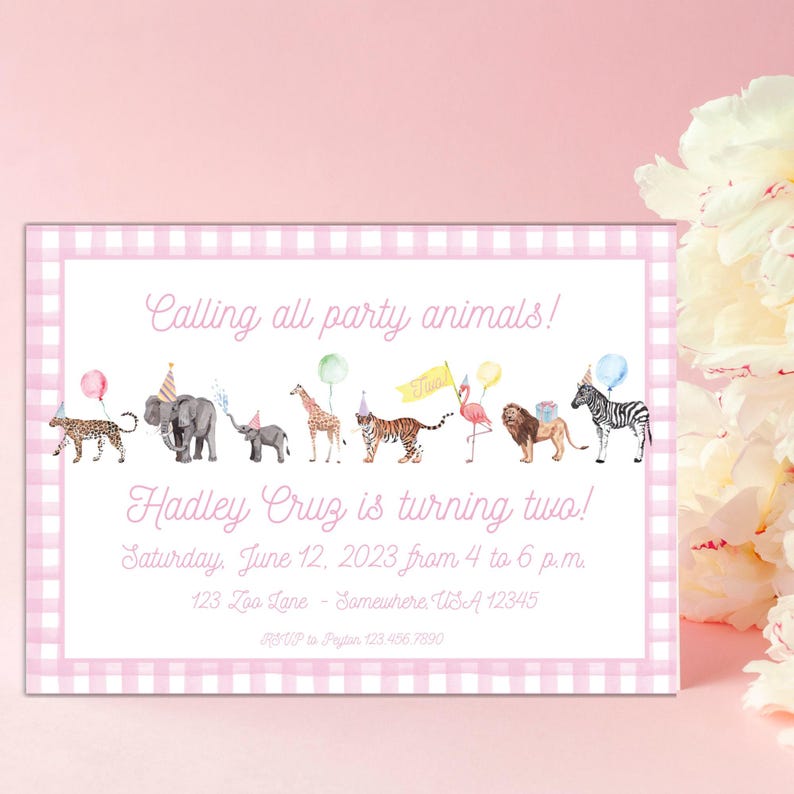 Party Animals Invitation | TWO Wild Invite | Wild ONE Invite | Pink Party Animals Invite | Blue Party Animals | Zoo Theme Invite image 4