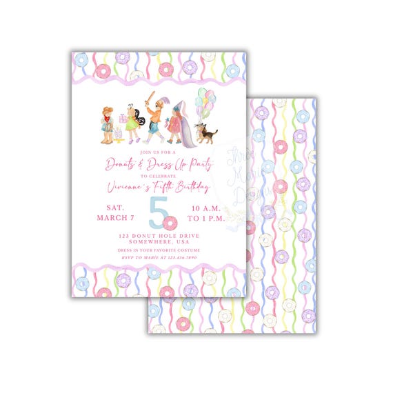 Donuts and Dress-Up Birthday Costume Party Invite, Dress-Up Birthday Invitation, Costume Birthday Invite, Costumes Donut Theme Invitation