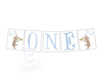 Baner na krzesełko Curious Monkey, Niebieski wystrój Monkey, Baner urodzinowy ONE, Znak krzesełka, Baner na krzesełko, Wydruk ONE krzesełko