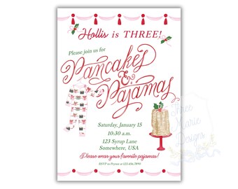 Christmas Pancakes and Pajamas Birthday Invite | Editable Pancakes and Pajamas Invitation | Christmas Pajama Party | Pancake Brunch PJ Party